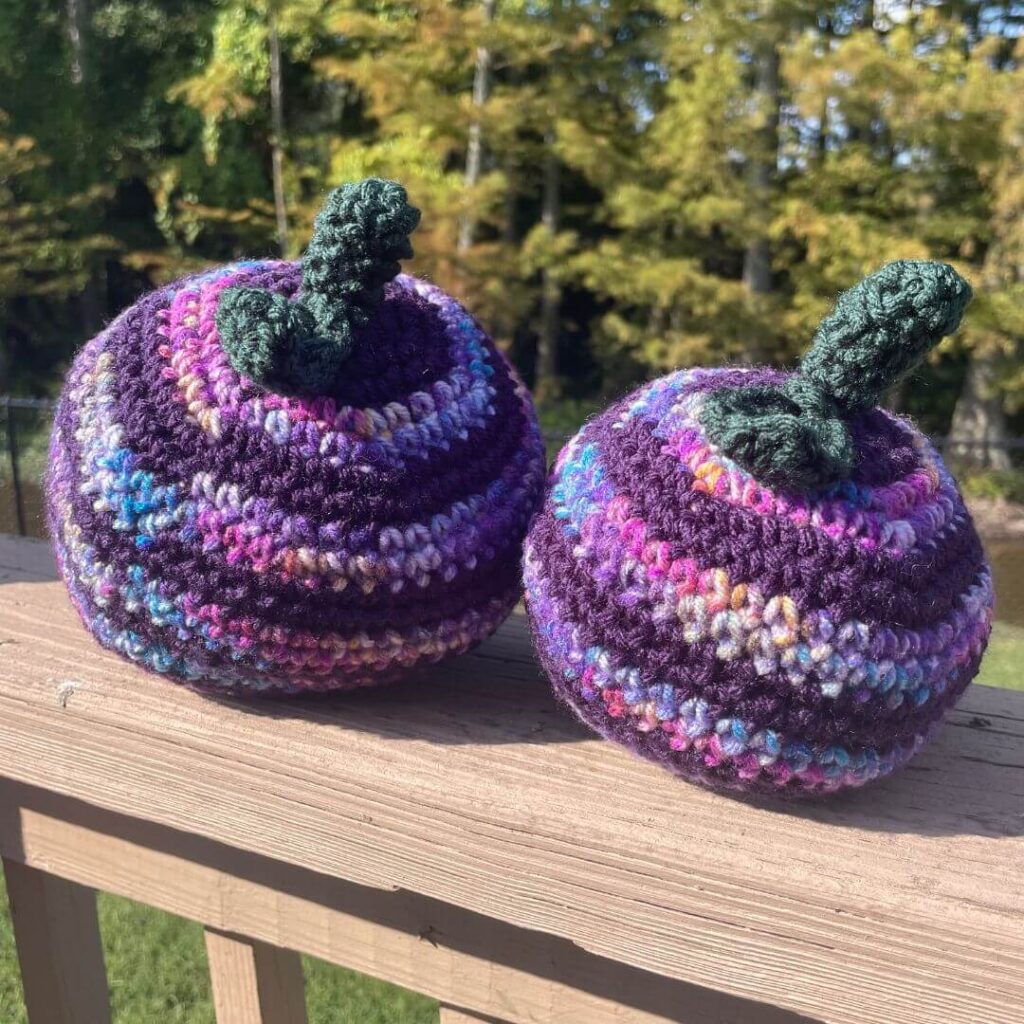purple pumpkins crochet pattern by Christina Ryan of Creative Snugglies Designs